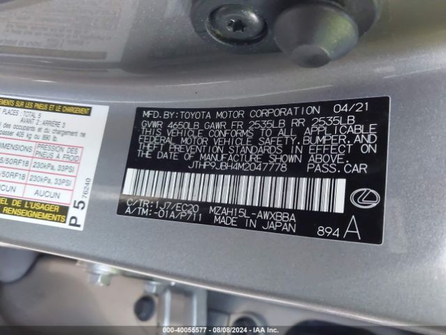 JTHP9JBH4M2047778 Lexus UX 250H