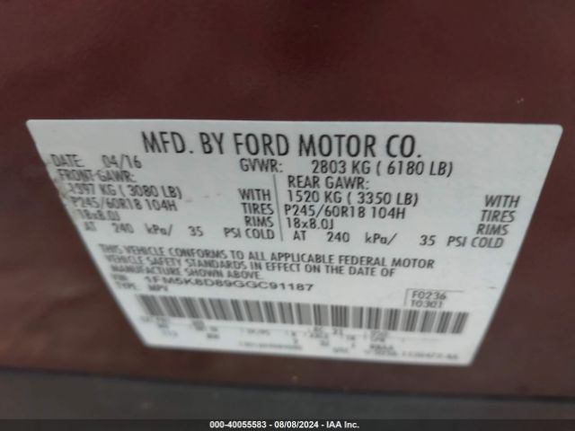 1FM5K8D89GGC91187 Ford EXPLORER XLT