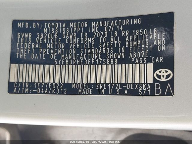 5YFBURHE3EP175888 Toyota Corolla L/le/le Pls/prm/s/s Pls