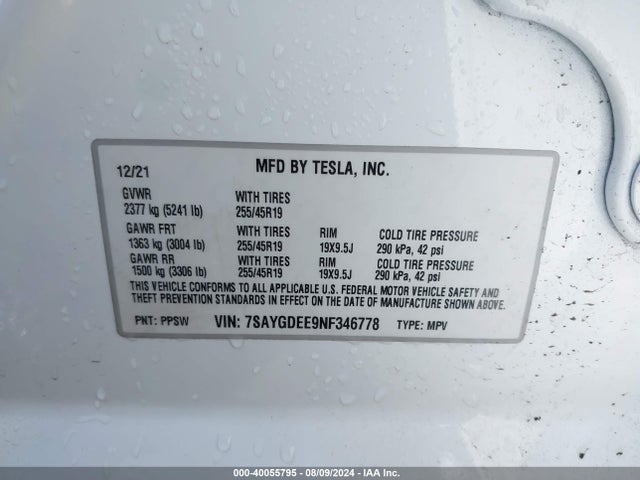 7SAYGDEE9NF346778 Tesla Model Y Long Range Dual Motor All-wheel Drive
