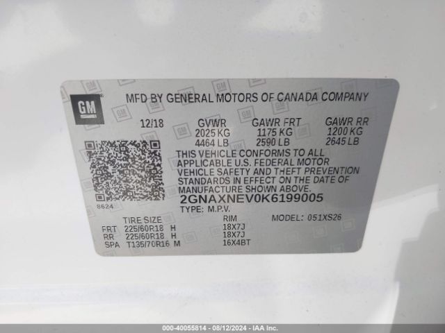2GNAXNEV0K6199005 Chevrolet Equinox Premier