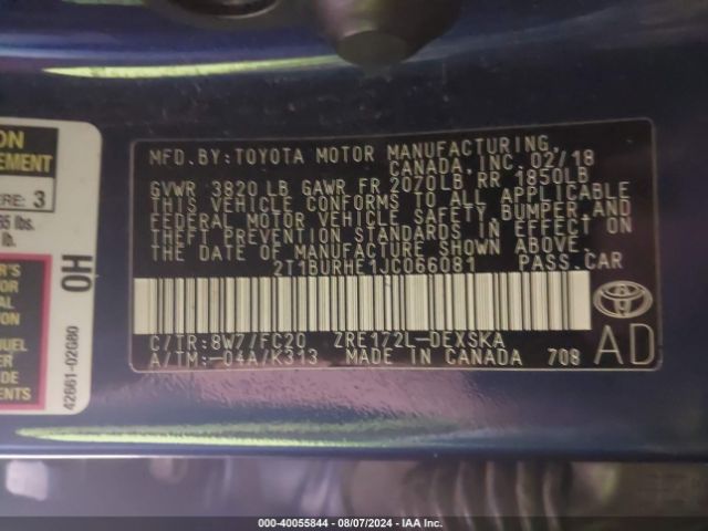 2T1BURHE1JC066081 Toyota Corolla L/le/xle/se/xse
