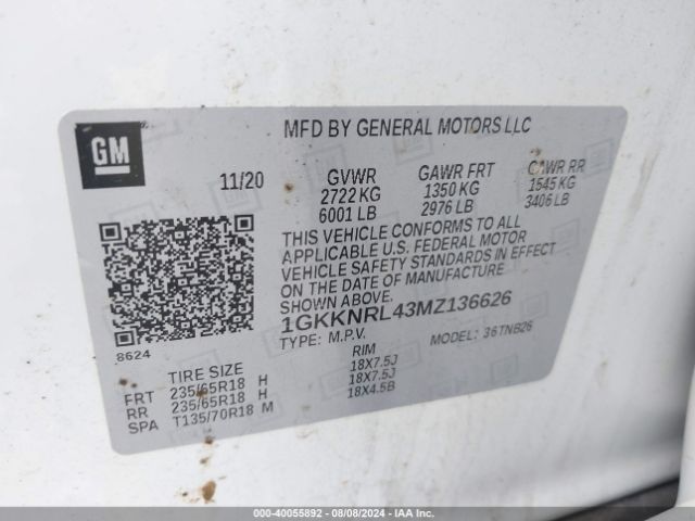 1GKKNRL43MZ136626 GMC ACADIA SLE