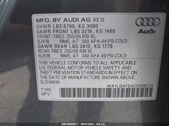Aukcja sprzedaży 2012 Audi Q7 Premium Plus, vin: WA1LGAFE4CD008174, numer aukcji: 40055917