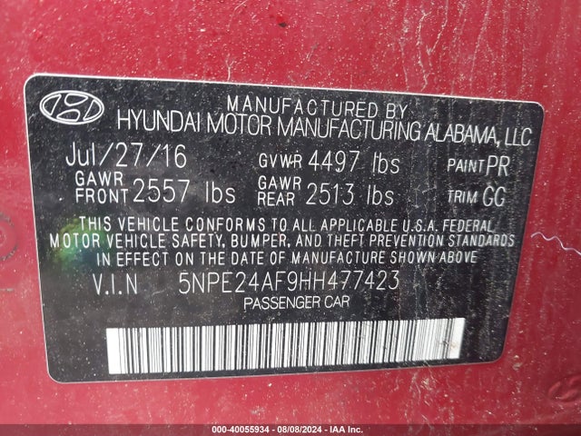 40055934 :رقم المزاد ، 5NPE24AF9HH477423 vin ، 2017 Hyundai Sonata Se مزاد بيع