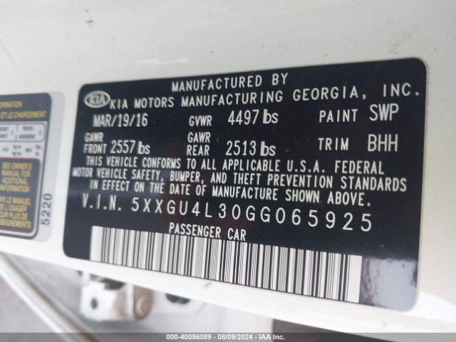 5XXGU4L30GG065925 KIA OPTIMA EX