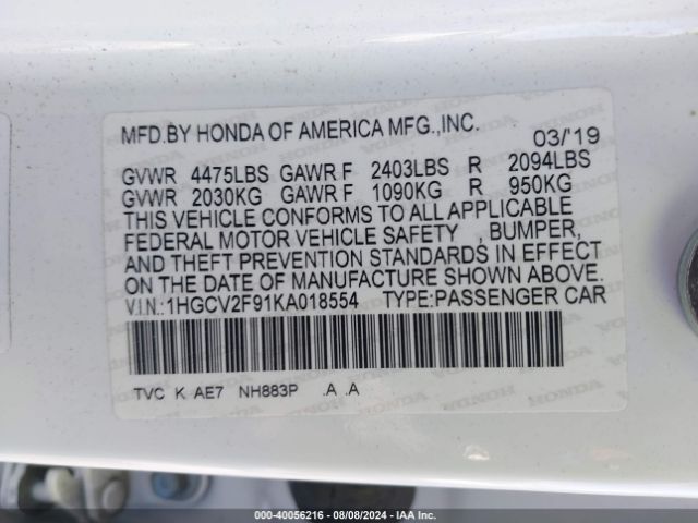 1HGCV2F91KA018554 Honda Accord Touring 2.0t
