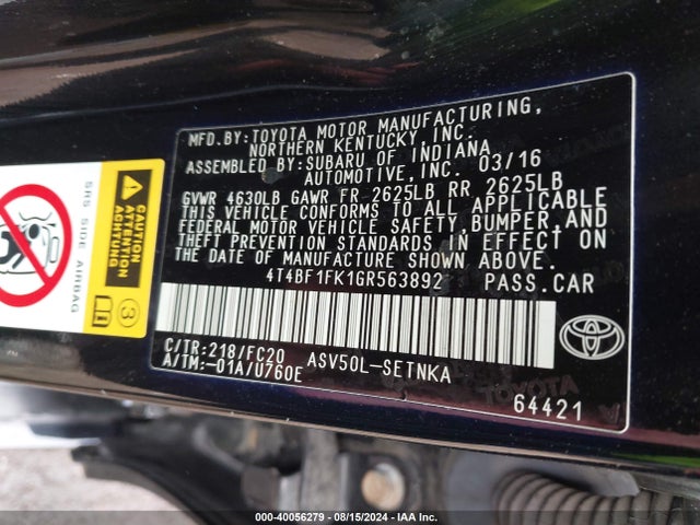 Toyota CAMRY LE 2016 4T4BF1FK1GR563892 Image 9