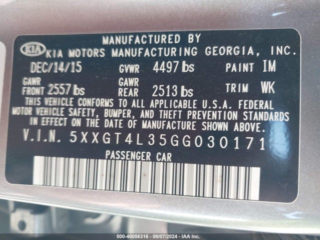 KIA Optima Lx 2016 5XXGT4L35GG030171 Image 9