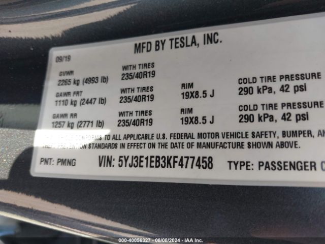 5YJ3E1EB3KF477458 Tesla Model 3 Long Range/performance