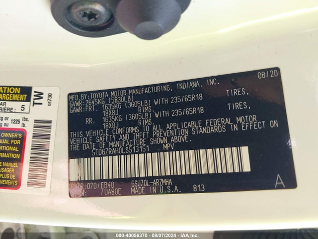 Toyota Highlander Xle 2020 5TDGZRAH0LS513151 Image 9