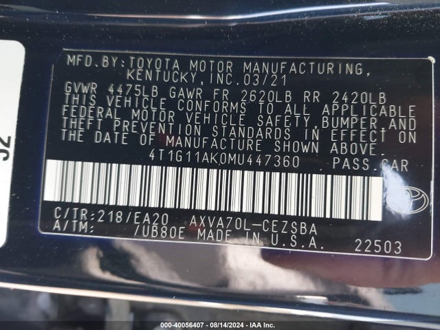 Toyota CAMRY SE 2021 4T1G11AK0MU447360 Image 9