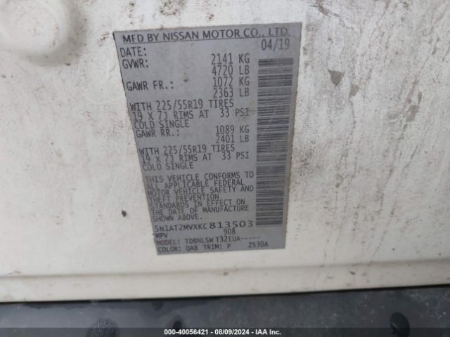 5N1AT2MVXKC813503 Nissan Rogue Sl