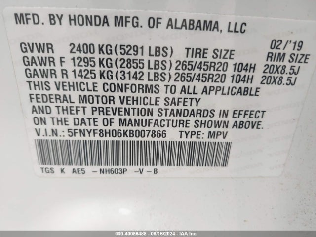 Honda Passport Elite 2019 5FNYF8H06KB007866 Image 9