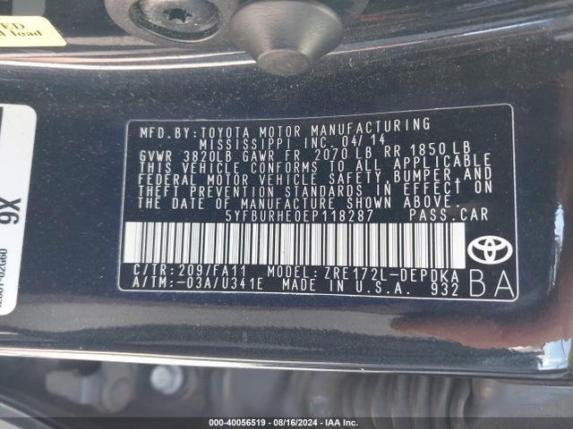 Toyota COROLLA L 2014 5YFBURHE0EP118287 Image 9
