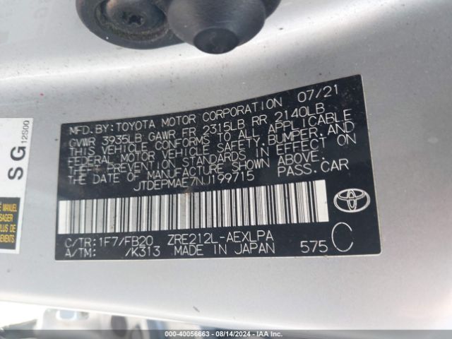 JTDEPMAE7NJ199715 Toyota COROLLA LE