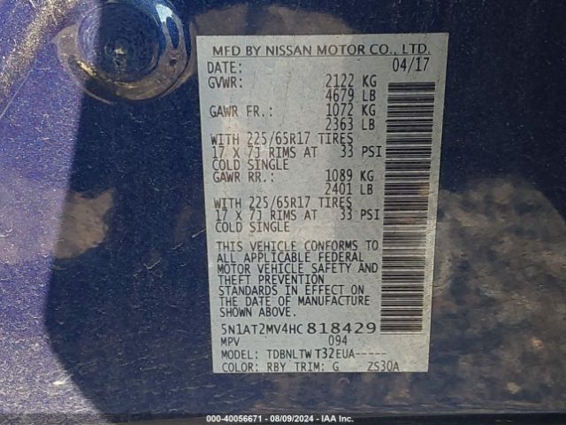 5N1AT2MV4HC818429 Nissan ROGUE SV
