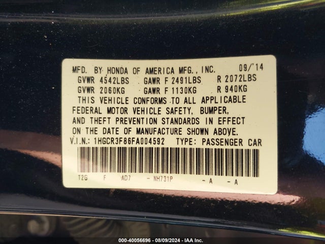Honda Accord Ex-l V-6 2015 1HGCR3F86FA004592 Image 9