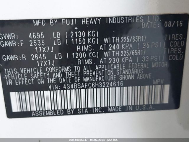 4S4BSAFC6H3224616 Subaru Outback 2.5i Premium
