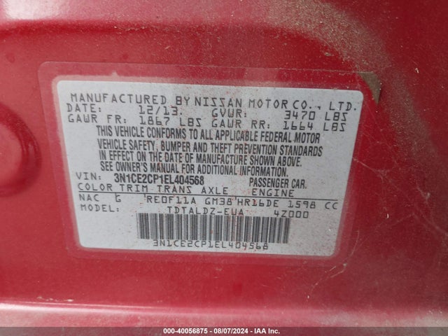Nissan Versa Note S (sr)/s Plus/sv 2014 3N1CE2CP1EL404568 Image 9