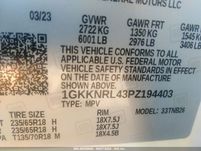 1GKKNRL43PZ194403 GMC Acadia Awd Sle