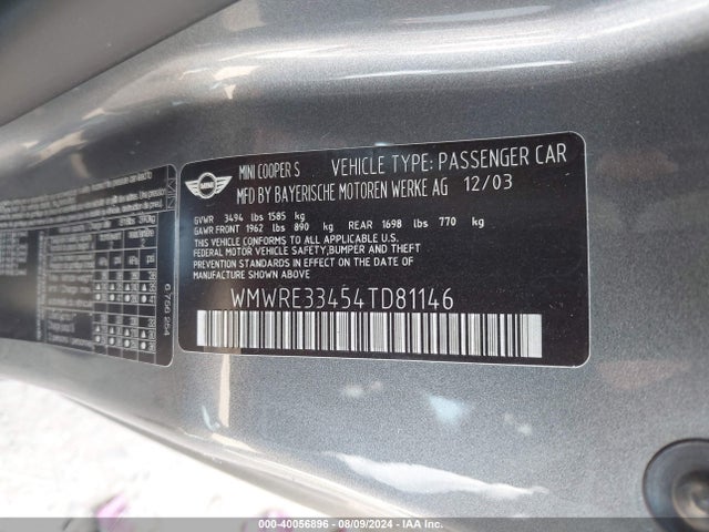 2004 MINI COOPER S WMWRE33454TD81146 Photo 8