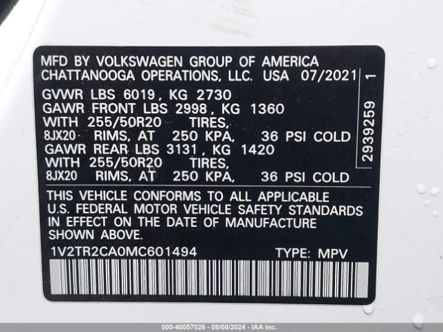1V2TR2CA0MC601494 Volkswagen Atlas 3.6l V6 Sel Premium