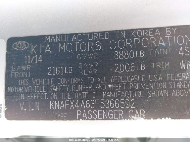 KNAFX4A63F5366592 KIA FORTE LX