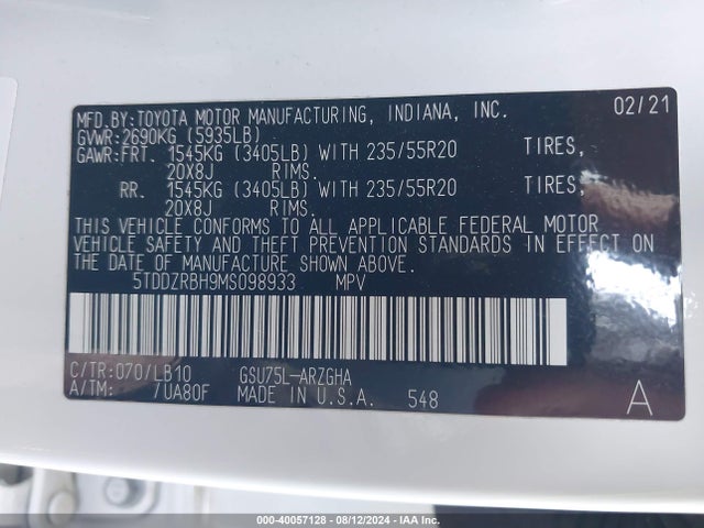 5TDDZRBH9MS098933 Toyota Highlander Limited