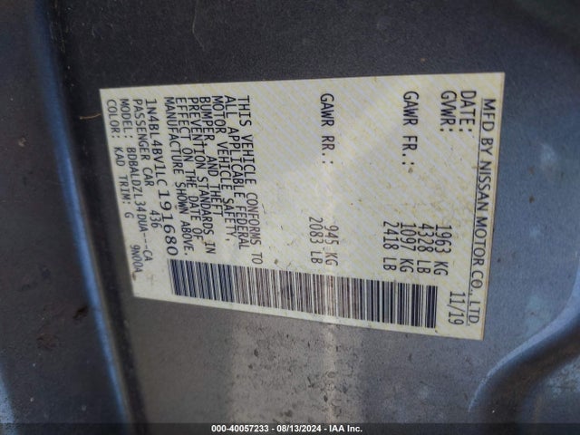 Nissan Altima S Fwd 2020 1N4BL4BV1LC191680 Image 9