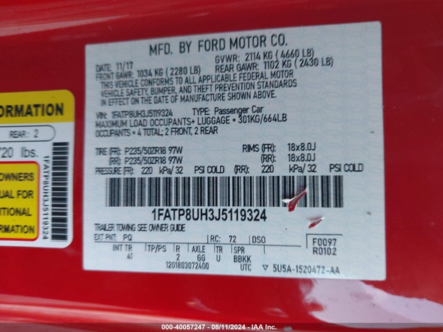 1FATP8UH3J5119324 Ford Mustang Ecoboost Premium