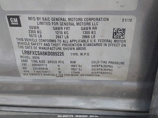 LRBFXCSA8KD089226 Buick Envision Fwd Essence