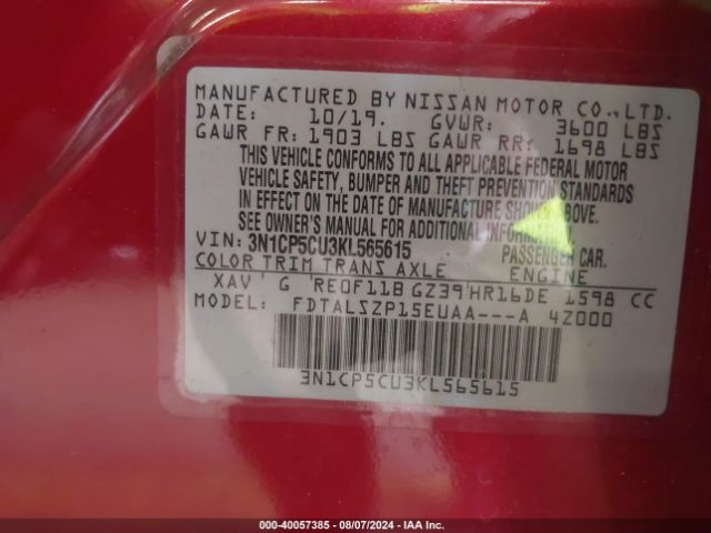 3N1CP5CU3KL565615 Nissan KICKS SV