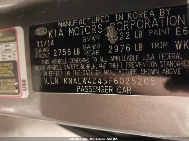 KIA K900 Luxury 2015 KNALW4D45F6025205 Image 9