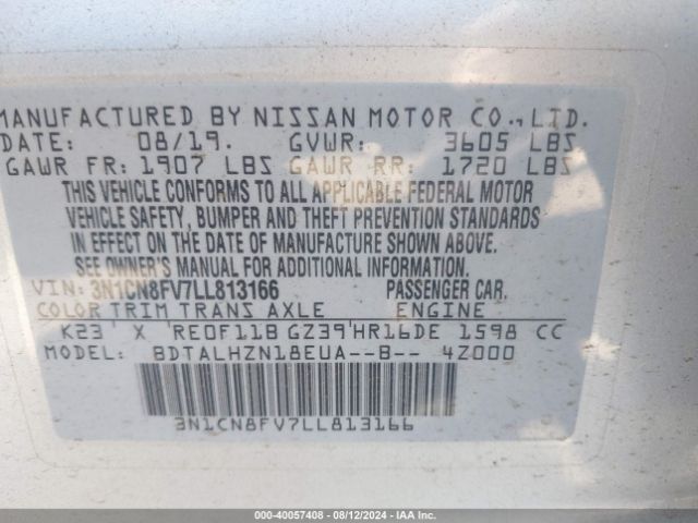 3N1CN8FV7LL813166 Nissan Versa Sr Xtronic Cvt