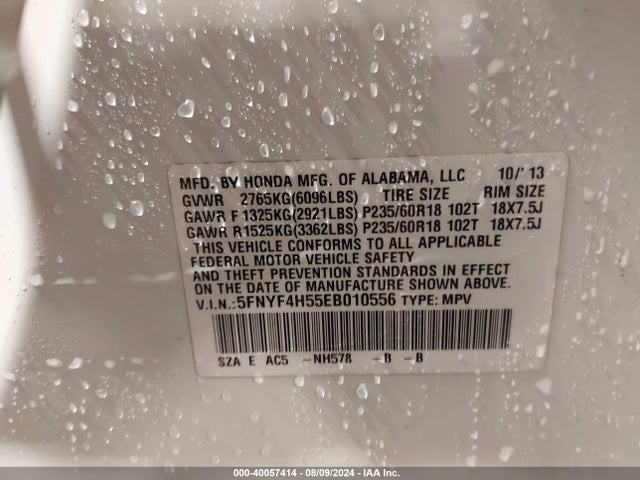 Honda Pilot Ex-l 2014 5FNYF4H55EB010556 Image 9