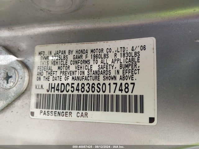 40057425 :رقم المزاد ، JH4DC54836S017487 vin ، 2006 Acura Rsx مزاد بيع