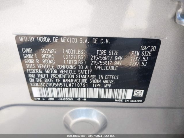 3CZRU5H51LM718791 Honda Hr-v 2wd Ex
