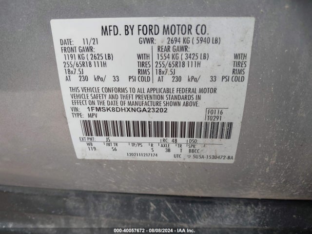 Ford EXPLORER XLT 2022 1FMSK8DHXNGA23202 Image 9