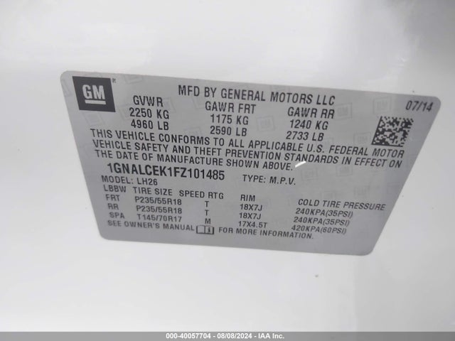 Chevrolet Equinox 2lt 2015 1GNALCEK1FZ101485 Image 9
