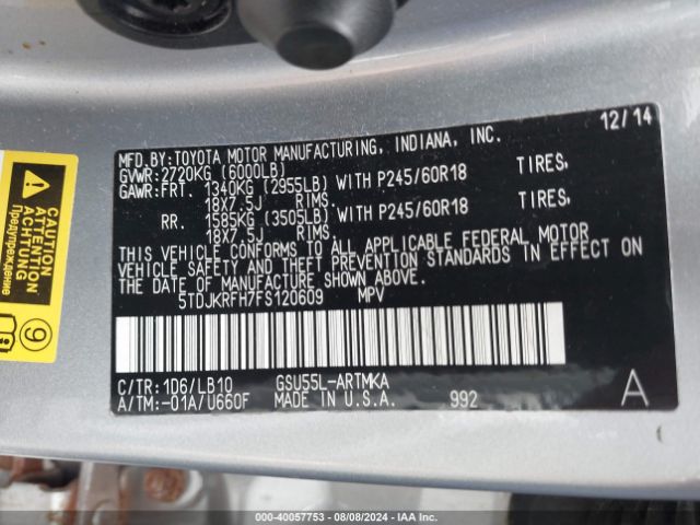5TDJKRFH7FS120609 Toyota Highlander Xle V6