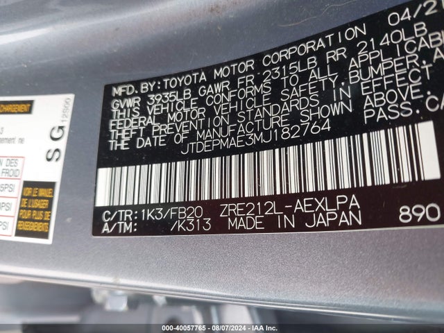Toyota COROLLA LE 2021 JTDEPMAE3MJ182764 Image 9