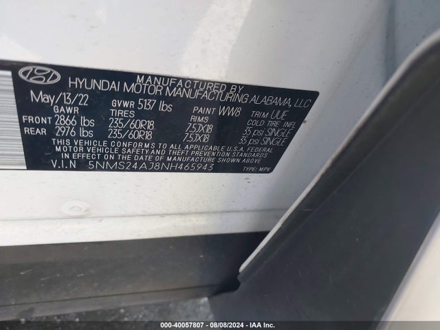 5NMS24AJ8NH465943 Hyundai Santa Fe Sel