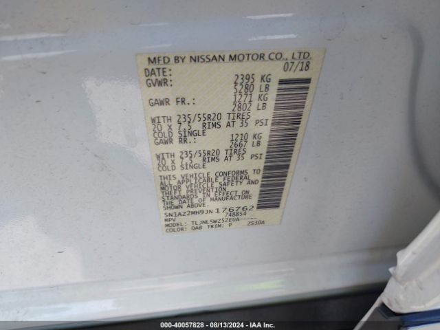5N1AZ2MH9JN176762 Nissan Murano Platinum
