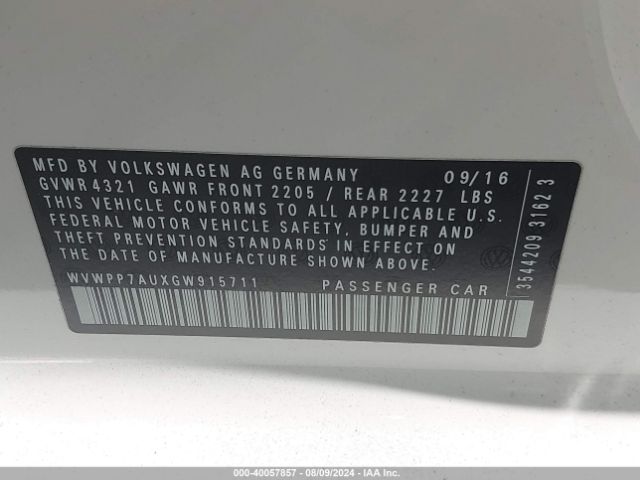 WVWPP7AUXGW915711 Volkswagen E-golf Sel Premium