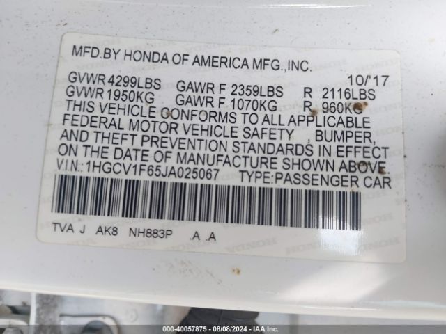 1HGCV1F65JA025067 Honda Accord Ex-l