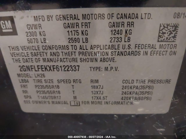 Chevrolet EQUINOX 1LT 2015 2GNFLFEKXF6122337 Image 9