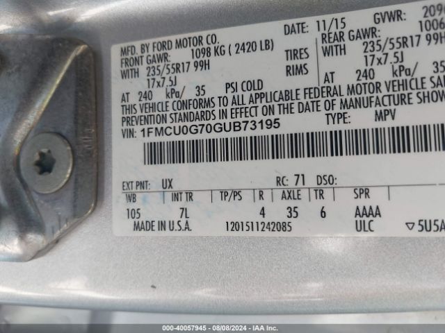 Ford ESCAPE SE 2016 1FMCU0G70GUB73195 Image 9