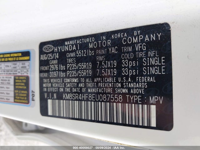 Hyundai Santa Fe Limited 2014 KM8SR4HF8EU087558 Image 9