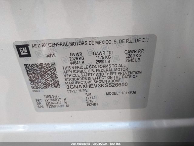 3GNAXHEV3KS526600 Chevrolet EQUINOX LS